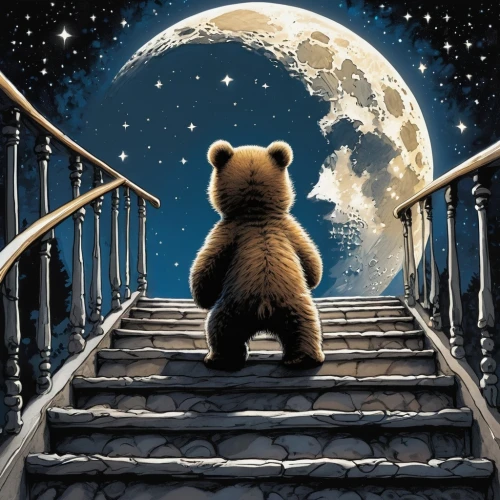 teddy bear waiting,bear guardian,scandia bear,bear market,moon walk,bear teddy,teddy-bear,cute bear,i'm off to the moon,astronomer,bear,ursa major,teddybear,night image,girl on the stairs,children's background,a collection of short stories for children,little bear,nordic bear,night watch,Photography,Fashion Photography,Fashion Photography 22