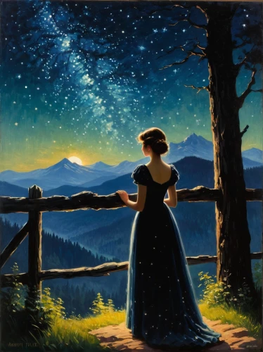 starry night,night scene,starry sky,girl in a long dress,astronomer,oil painting on canvas,oil painting,art painting,the night sky,woman playing,astronomy,la violetta,serenade,night stars,romantic scene,girl with tree,the stars,woman silhouette,painting,celestial phenomenon,Art,Classical Oil Painting,Classical Oil Painting 15