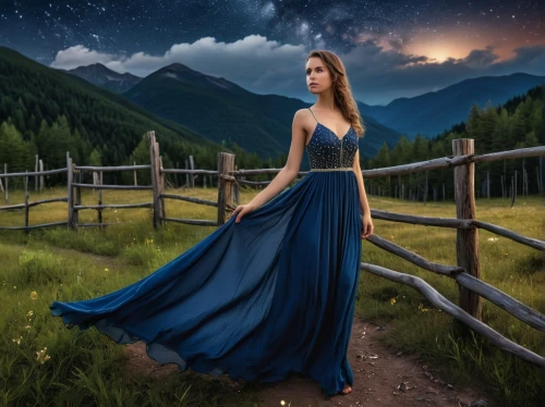 girl in a long dress,fantasy picture,world digital painting,image manipulation,digital compositing,photo manipulation,fantasy art,photoshop manipulation,celtic woman,landscape background,photomanipulation,blue enchantress,fantasy portrait,blue dress,evening dress,country dress,romantic portrait,long dress,photo painting,starry night,Photography,General,Realistic
