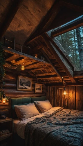 the cabin in the mountains,attic,small cabin,cabin,log home,log cabin,sleeping room,warm and cozy,canopy bed,tree house hotel,loft,cozy,inverted cottage,wooden beams,bunk bed,chalet,wooden roof,lodge,great room,rustic,Photography,General,Fantasy