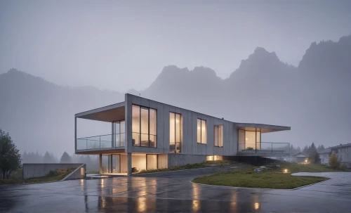 house in mountains,house in the mountains,modern house,modern architecture,foggy landscape,cubic house,foggy mountain,house with lake,the cabin in the mountains,dunes house,cube house,house by the water,mountain hut,timber house,mountain huts,beautiful home,swiss house,residential house,futuristic architecture,luxury property,Photography,General,Realistic