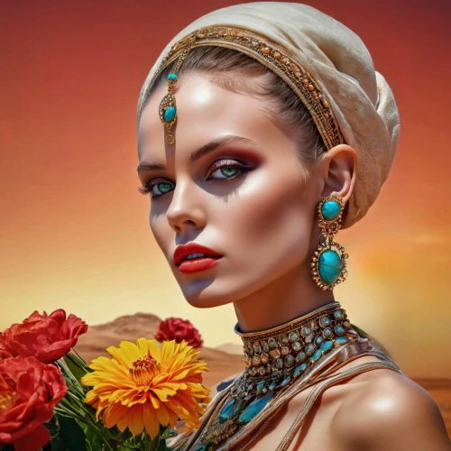 fantasy portrait,desert flower,world digital painting,fantasy art,boho art,cleopatra,romantic portrait,desert rose,orientalism,digital painting,oil painting on canvas,headdress,exotic flower,mystical portrait of a girl,ancient egyptian girl,argan,gypsy soul,adornments,digital art,digital artwork