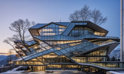modern architecture,house in mountains,cubic house,house in the mountains,futuristic architecture,swiss house,hahnenfu greenhouse,glass building,glass facade,ski facility,alpine style,crooked house,mirror house,glass pyramid,glass facades,cube house,snow house,frame house,avalanche protection,structural glass,Photography,General,Realistic