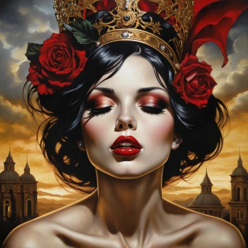 queen of hearts,golden crown,crowned,imperial crown,gold crown,fantasy art,red rose,fantasy portrait,heart with crown,queen crown,gothic portrait,masquerade,the crown,red roses,queen of the night,crown,crowning,venetian mask,lady in red,oriental princess,Illustration,Realistic Fantasy,Realistic Fantasy 10