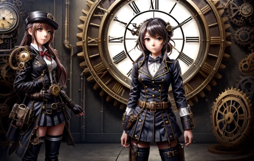steampunk,steampunk gears,clockmaker,clockwork,watchmaker,grandfather clock,sterntaler,astronomical clock,partnerlook,victorian style,anime japanese clothing,antique background,officers,clocks,anachronism,cogs,police uniforms,play escape game live and win,game illustration,antiquariat