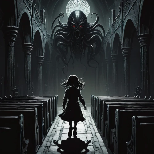 haunted cathedral,dark world,dark-type,game illustration,hall of the fallen,shinigami,dark art,labyrinth,gothic,ghost castle,mystery book cover,ominous,cathedral,sci fiction illustration,spawn,in the shadows,game art,gothic architecture,haunebu,summon,Illustration,Black and White,Black and White 12