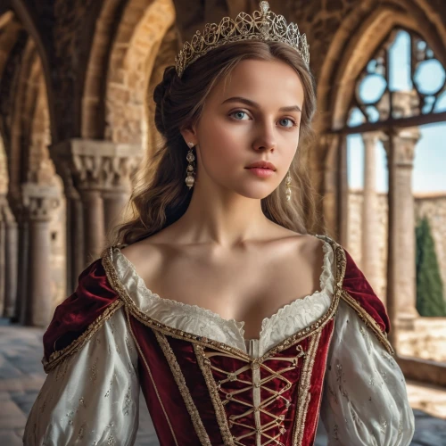 tudor,cinderella,girl in a historic way,queen of hearts,heart with crown,tiara,a princess,iulia hasdeu castle,almudena,princess sofia,victoria,celtic queen,regal,the crown,portrait of a girl,puy du fou,princess crown,bodice,ball gown,royal castle of amboise,Photography,General,Realistic