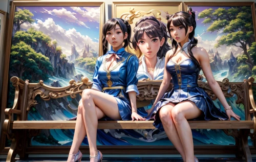 beautiful girls with katana,the three graces,perfume,the three magi,kantai collection sailor,portrait background,chinese icons,anime 3d,fantasy picture,chinese screen,oriental painting,3d fantasy,triplet lily,chinese background,anime japanese clothing,chinese art,japanese icons,jinrikisha,japanese art,japanese background