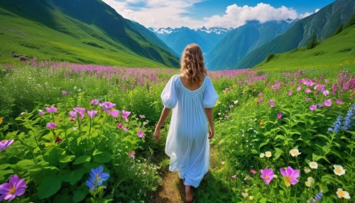 landscape background,background view nature,meadow landscape,lilly of the valley,fantasy picture,green meadow,alpine meadow,field of flowers,meadow in pastel,beauty in nature,spiritual environment,mountain meadow,meadow,the valley of flowers,beautiful landscape,spring background,girl in flowers,creative background,splendor of flowers,3d background,Photography,General,Realistic