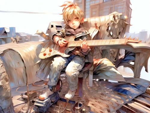 violet evergarden,sextant,bastion,crossbow,blonde sits and reads the newspaper,scrap collector,game illustration,blacksmith,knight,merchant,clockmaker,scrap dealer,link,knight star,heavy crossbow,roofer,scrap yard,gunsmith,knight armor,knights