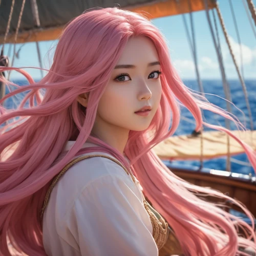 rapunzel,pink hair,the sea maid,pink beauty,at sea,natural pink,sakura,girl on the boat,scarlet sail,pink dawn,the wind from the sea,luka,nautical star,rose pink colors,ariel,pirate,fantasia,sea,mermaid background,joy,Photography,General,Cinematic