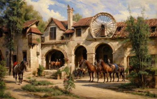 riding school,stables,equestrian center,caravanserai,horse stable,medieval market,horse barn,village scene,palo alto,horse-drawn carriage,knight village,horse-drawn,man and horses,puy du fou,pony farm,medieval street,rathauskeller,horse supplies,caravansary,castle iron market