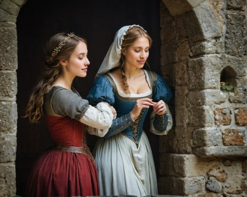 young women,puy du fou,tudor,women's clothing,two girls,women clothes,mother and daughter,courtship,renaissance,accolade,young couple,costumes,conversation,costume festival,princesses,chatting,girl in a historic way,cinderella,dressing up,medieval,Photography,Documentary Photography,Documentary Photography 14