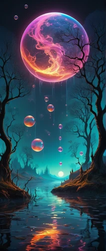 mushroom landscape,ufo,fantasy landscape,alien world,alien planet,fantasy picture,ufos,planet alien sky,mushroom island,fantasy art,acid lake,planets,halloween background,psychedelic art,futuristic landscape,space art,background image,tree mushroom,magic tree,music background,Illustration,Realistic Fantasy,Realistic Fantasy 42