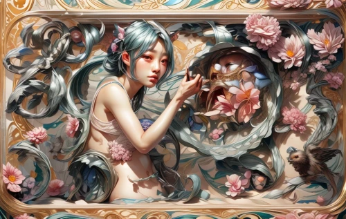 art nouveau frame,amano,floral frame,floral and bird frame,art nouveau frames,decorative frame,girl in a wreath,flower frame,frame illustration,frame flora,flowers frame,oriental painting,peony frame,art nouveau,watercolor frame,ivy frame,watercolour frame,japanese art,hatsune miku,chinese art