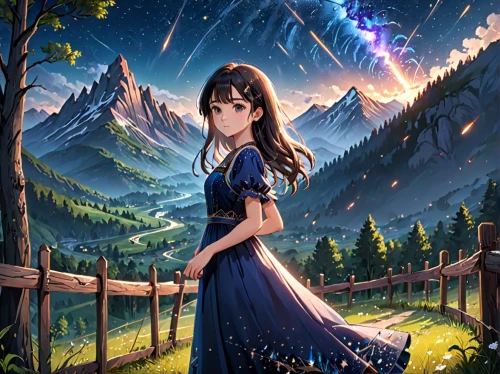 forest background,landscape background,fantasy picture,fairy tale character,mountain scene,fairy world,mountain spirit,game illustration,the spirit of the mountains,country dress,girl in a long dress,moon and star background,japanese sakura background,fantasy portrait,fairy forest,children's fairy tale,background images,starry sky,portrait background,children's background,Anime,Anime,General