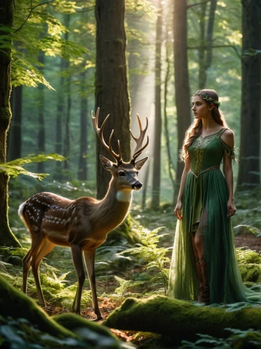 fantasy picture,a fairy tale,celtic queen,faery,faerie,elven forest,fairy tale,the enchantress,enchanted forest,dryad,forest of dreams,celtic woman,ballerina in the woods,fairy forest,woodland animals,forest animals,european deer,fairytale forest,elven,in the forest,Photography,General,Natural