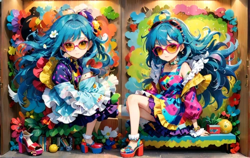 vocaloid,hatsune miku,blue passion flower butterflies,dizzy,artist color,paintings,artist doll,colorful heart,rainbow butterflies,painter doll,colorful pasta,mural,glass painting,miku,alice,plastic arts,harajuku,anime japanese clothing,color frame,myosotis,Anime,Anime,Realistic