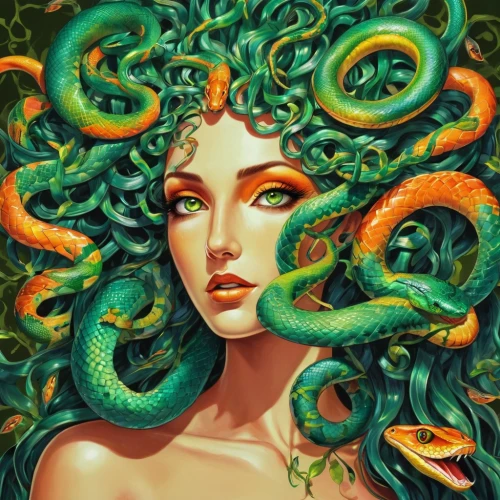 medusa,medusa gorgon,gorgon,anahata,tentacles,tentacle,green mermaid scale,the zodiac sign pisces,siren,green snake,serpent,dryad,horoscope pisces,merfolk,malachite,cnidaria,green mamba,tendrils,tendril,fantasy portrait,Illustration,Realistic Fantasy,Realistic Fantasy 39