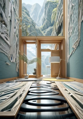window treatment,wooden windows,panoramical,meticulous painting,wood mirror,wood window,transparent window,window covering,glass window,virtual landscape,interior design,house painting,window view,digital compositing,roof landscape,window with shutters,window frames,patterned wood decoration,glass roof,interior decor