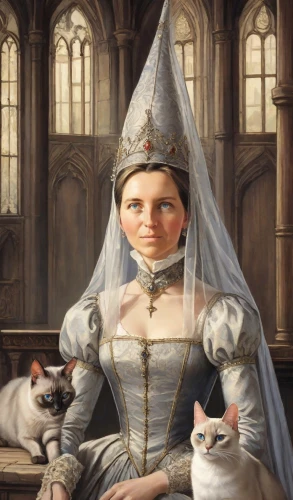 gothic portrait,girl in a historic way,cat sparrow,mother of the bride,fantasy portrait,custom portrait,porcelaine,white cat,maid,priest,bridal,joan of arc,the prophet mary,priestess,bridal clothing,portrait of christi,victorian lady,cat child,the girl's face,archimandrite,Digital Art,Comic