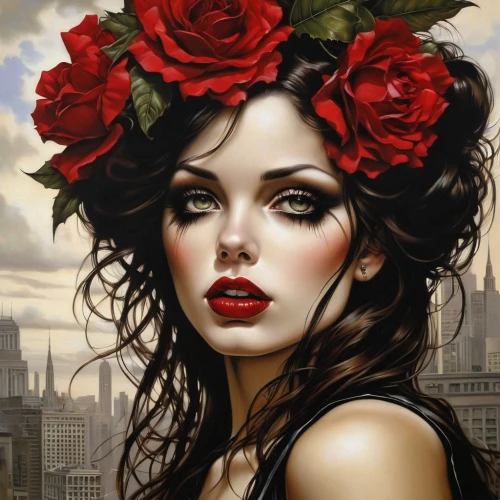 red roses,red rose,romantic portrait,wild roses,fantasy art,black rose hip,flower of passion,with roses,red petals,scent of roses,wild rose,fantasy portrait,gothic portrait,red flower,queen of hearts,way of the roses,red rose in rain,widow flower,romantic rose,girl in a wreath,Illustration,Realistic Fantasy,Realistic Fantasy 10