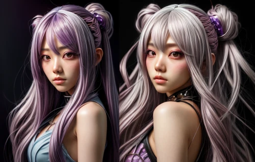 oriental longhair,anime 3d,violet head elf,light purple,portrait background,3d rendered,pale purple,world digital painting,japanese icons,color is changable in ps,japanese doll,purple and pink,3d fantasy,fantasy portrait,retouch,purple background,doll's facial features,cosmetic,japanese sakura background,the japanese doll