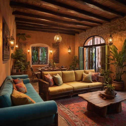 casa fuster hotel,riad,marrakesh,sitting room,moroccan pattern,spanish tile,tuscan,boutique hotel,loft,provencal life,fireplaces,interior decor,home interior,hacienda,living room,beautiful home,morocco,wooden beams,chaise lounge,marrakech,Photography,General,Commercial