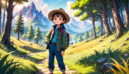 mountain guide,hiker,forest background,wander,mountain hiking,studio ghibli,forest walk,pines,adventure,mountain world,trail,dipper,farmer in the woods,forest,mountain,alpine crossing,cartoon forest,girl and boy outdoor,kids illustration,landscape background,Anime,Anime,Cartoon