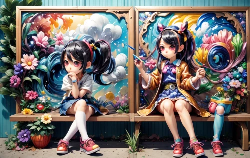 anime japanese clothing,cluster-lilies,shirakami-sanchi,twin flowers,flower painting,two girls,street artists,flower booth,girl and boy outdoor,floral japanese,japanese floral background,flower stand,glass painting,flower frame,mural,euphonium,floral frame,murals,flower wall en,flower art