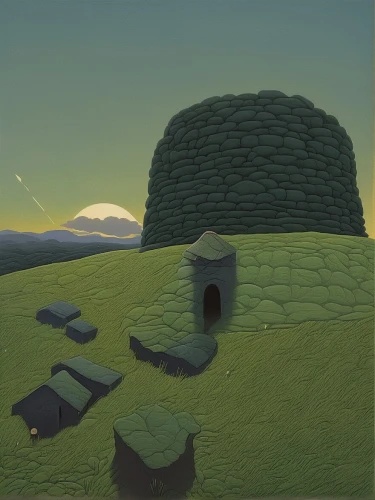 iron age hut,neolithic,chambered cairn,roof landscape,megalithic,straw hut,stone circle,dovecote,rural landscape,stone oven,blackhouse,home landscape,stone house,round house,neo-stone age,megaliths,burial chamber,farm landscape,stone houses,grant wood,Art,Artistic Painting,Artistic Painting 48