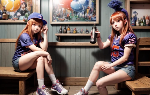 anime japanese clothing,sports uniform,cola bottles,barmaid,two girls,receptionists,bar stools,barstools,redheads,orange soft drink,fanta,drinks,sports drink,anime 3d,soda shop,baseball uniform,carbonated soft drinks,orange juice,twin flowers,bar