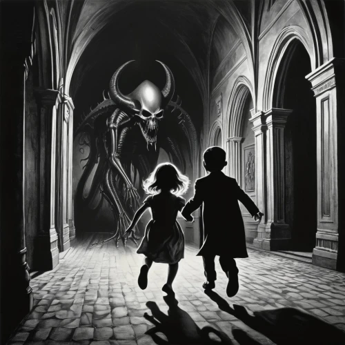 dark art,occult,angel and devil,abduction,aliens,child monster,monsters,children,spawn,dark world,creatures,dark gothic mood,alien invasion,encounter,lucifer,angelology,haunted cathedral,shinigami,creepy,surrealism,Illustration,Black and White,Black and White 25