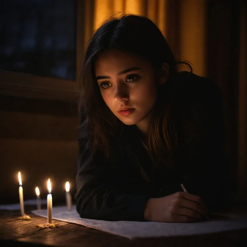 shabbat candles,girl studying,candle light,candlelights,candlelight,mystical portrait of a girl,hannukah,drawing with light,moody portrait,hanukah,chanukah,burning candles,burning candle,candlemaker,dark portrait,in the dark,menorah,candlemas,child's diary,black candle,Conceptual Art,Oil color,Oil Color 11