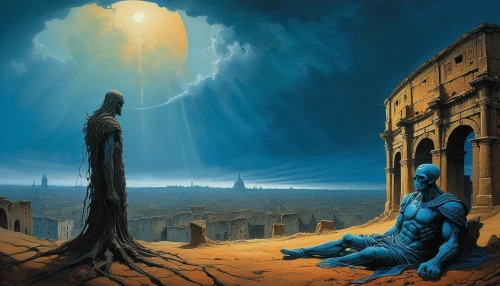 fantasy picture,necropolis,ancient city,sci fiction illustration,the ancient world,rem in arabian nights,pillars of creation,fantasy art,hall of the fallen,dr. manhattan,world digital painting,place of pilgrimage,heroic fantasy,hinnom,castle of the corvin,guards of the canyon,karnak,game illustration,fantasy landscape,the sphinx,Conceptual Art,Oil color,Oil Color 04