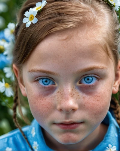 girl in flowers,beautiful girl with flowers,child portrait,girl picking flowers,children's eyes,forget-me-not,girl in the garden,flower girl,mystical portrait of a girl,photographing children,heterochromia,child girl,forget-me-nots,blue daisies,little girl fairy,photos of children,girl in a wreath,child fairy,the little girl,child model,Photography,General,Realistic