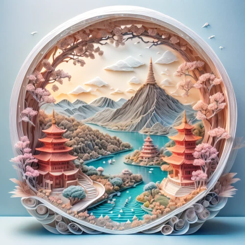 decorative plate,snow globe,snowglobes,floating island,snow globes,water lily plate,fantasy landscape,3d fantasy,chinese background,floating islands,mushroom landscape,world digital painting,moon cake,shanghai disney,forbidden palace,oriental painting,landscape background,chinese teacup,mooncake festival,circular puzzle