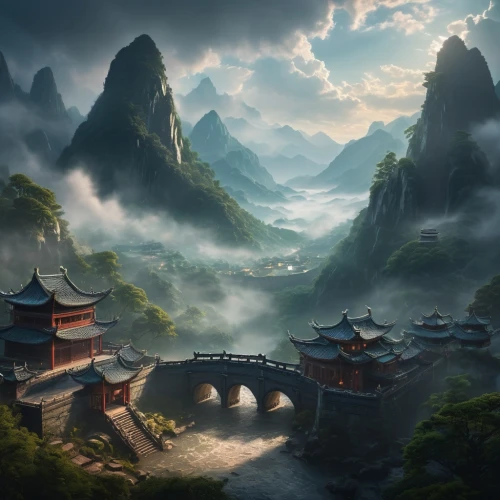 fantasy landscape,chinese architecture,yunnan,chinese art,chinese temple,chinese clouds,guizhou,chinese background,mountainous landscape,oriental painting,asian architecture,huangshan maofeng,guilin,wuyi,mountain landscape,world digital painting,mountain scene,ancient city,landscape background,forbidden palace,Photography,General,Fantasy