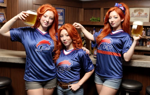 redheads,barmaid,roosters,pabst blue ribbon,pub,sports jersey,glasses of beer,women's football,beer pitcher,cubs,drinking glasses,ginger family,sports uniform,national football league,beer bottles,vodka red bull,baseball uniform,sports drink,barware,beer sets