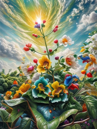 flower painting,splendor of flowers,flower art,flourishing tree,oil painting on canvas,flower nectar,garden of eden,abundance,flower tree,mother earth,colorful tree of life,mother nature,flower garden,flowers celestial,floral composition,flower background,tropical bloom,sunflowers in vase,oil painting,everlasting flowers