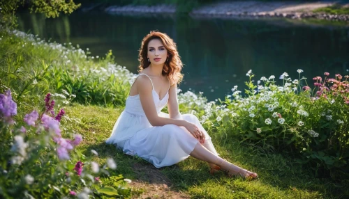 girl on the river,girl in white dress,girl in the garden,girl in a long dress,girl in flowers,beautiful girl with flowers,idyll,romantic portrait,white dress,romantic look,the blonde in the river,giverny,white swan,rusalka,meadow,faerie,enchanting,ballerina in the woods,beauty in nature,fairy,Photography,General,Realistic