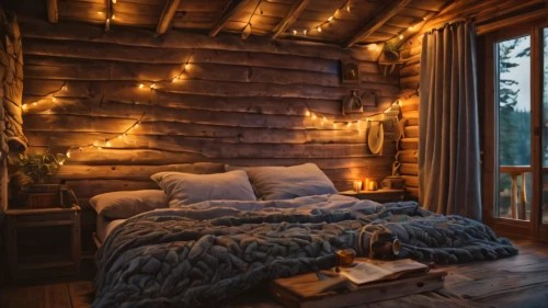 the cabin in the mountains,log cabin,log home,warm and cozy,sleeping room,small cabin,cabin,cozy,rustic,fairy lights,tree house hotel,wooden beams,string lights,canopy bed,wooden planks,great room,chalet,hygge,wooden wall,attic,Photography,General,Fantasy