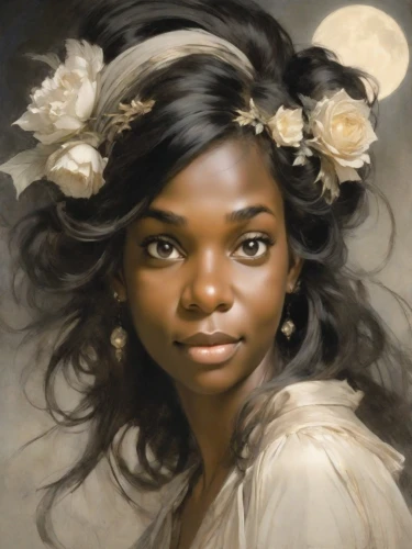 fantasy portrait,african american woman,mystical portrait of a girl,african woman,beautiful african american women,afro american girls,girl in a wreath,afro american,portrait of a girl,nigeria woman,girl portrait,rose woodruff,afro-american,young woman,romantic portrait,black woman,jasmine blossom,oil painting on canvas,oil painting,young lady