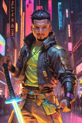 lando,cg artwork,cyberpunk,jedi,electro,80s,renegade,maul,solo,neon arrows,boba fett,lightsaber,laser sword,clone jesionolistny,sci fiction illustration,enforcer,boba,mercenary,darth maul,tekwan,Digital Art,Anime