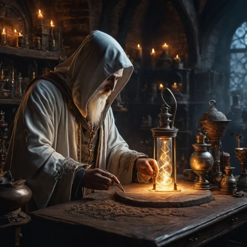candlemaker,apothecary,watchmaker,medieval hourglass,clockmaker,alchemy,candlemas,tinsmith,merchant,fortune teller,divination,fortune telling,potions,scholar,games of light,silversmith,creating perfume,blacksmith,hooded man,shopkeeper,Photography,General,Fantasy
