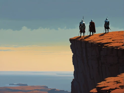 guards of the canyon,nomads,travelers,digital nomads,cowboy silhouettes,the horizon,three wise men,pilgrims,the three wise men,monument valley,easter islands,red cliff,nomad,cliffs,three pillars,kings landing,easter island,hikers,scythe,three kings,Conceptual Art,Sci-Fi,Sci-Fi 17