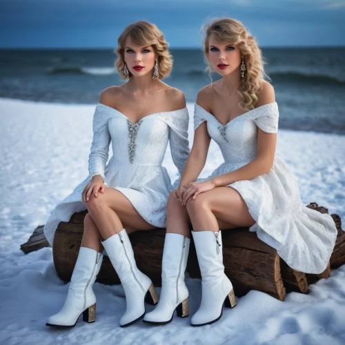 leg dresses,white winter dress,wedding dresses,white boots,porcelain dolls,white sand,suit of the snow maiden,white clothing,wedding photo,wax figures,christmas on beach,christmas dolls,vanity fair,fashion models,sea foam,christmas angels,wedding icons,bridal clothing,christmas stockings,beach chairs,Photography,General,Fantasy