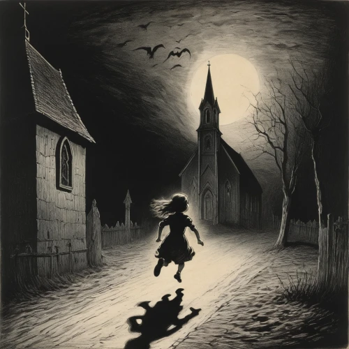 the pied piper of hamelin,vintage halloween,halloween illustration,little girl in wind,andreas cross,witches,dark art,dark gothic mood,olle gill,celebration of witches,night scene,witch house,pilgrim,the witch,halloween scene,david bates,bremen town musicians,witch driving a car,halloween witch,carl svante hallbeck,Illustration,Black and White,Black and White 23