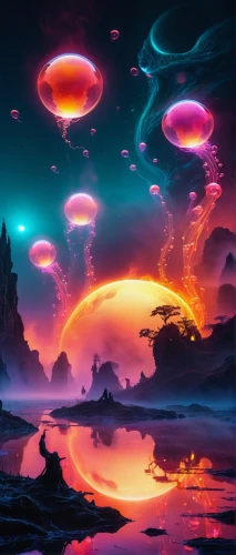 alien world,alien planet,ufos,futuristic landscape,planet alien sky,mushroom landscape,ufo,fantasy landscape,planets,cosmos,alien invasion,fantasy picture,extraterrestrial life,space art,fire planet,vast,acid lake,meteor,jellyfish,psychedelic art,Illustration,Realistic Fantasy,Realistic Fantasy 37