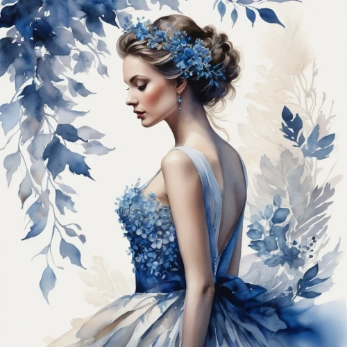 blue hydrangea,watercolor blue,blue rose,fashion illustration,hydrangea background,mazarine blue,blue petals,blue painting,blue butterfly background,jasmine blue,the snow queen,blue birds and blossom,white rose snow queen,blue and white,blue butterfly,blue enchantress,fairy queen,blue chrysanthemum,blue and white porcelain,cinderella,Photography,General,Fantasy